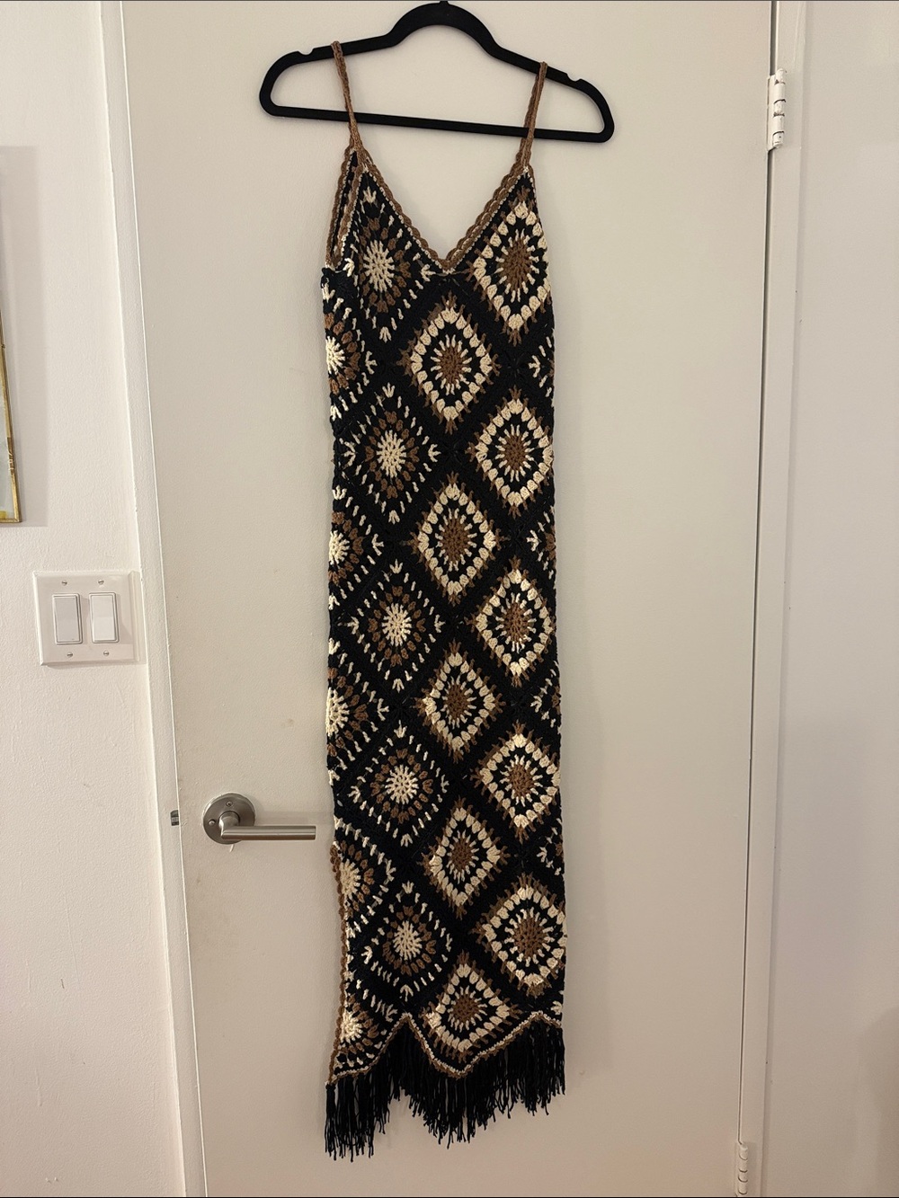 Elan Black and Cream Crochet Maxi Dress with Brown Accents